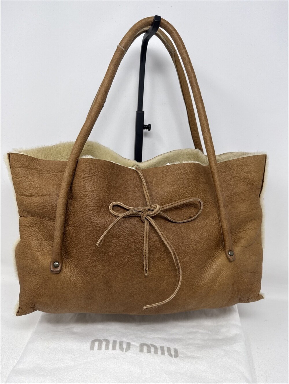 Auth MIU MIU Brown Leather Tote Bag Vintage Dyed Sheep Fur